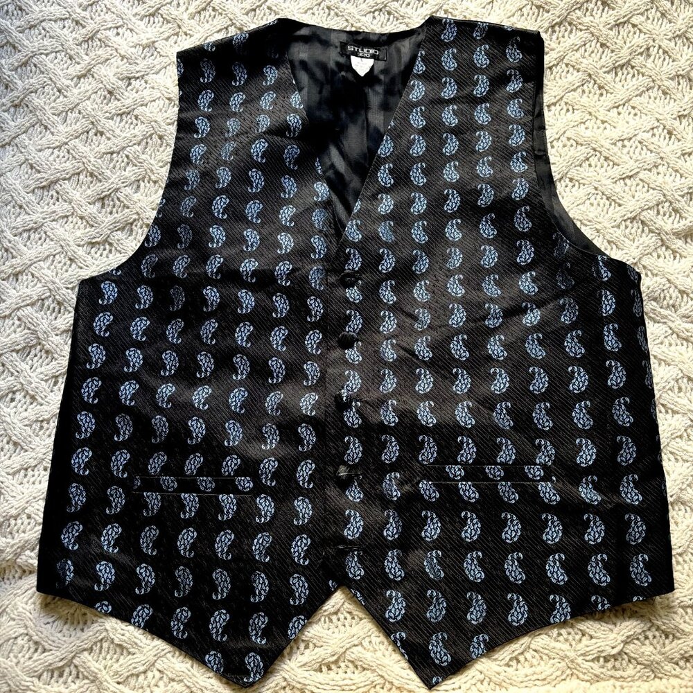 Studio 320 Vest L Silk Black with Blue Accent Tuxedo Waistcoat Made in USA VTG